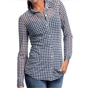 Cabi Mesh Semi Sheer Navy Blue White Checkered Blouse Swimcover #736 Size Medium